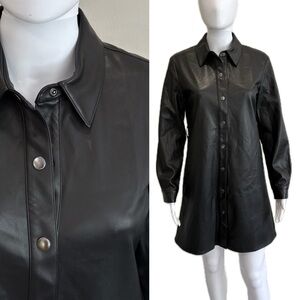 12 Thompson Black Faux Leather Shirtdress Size Small Vegan Snap Button Dress
